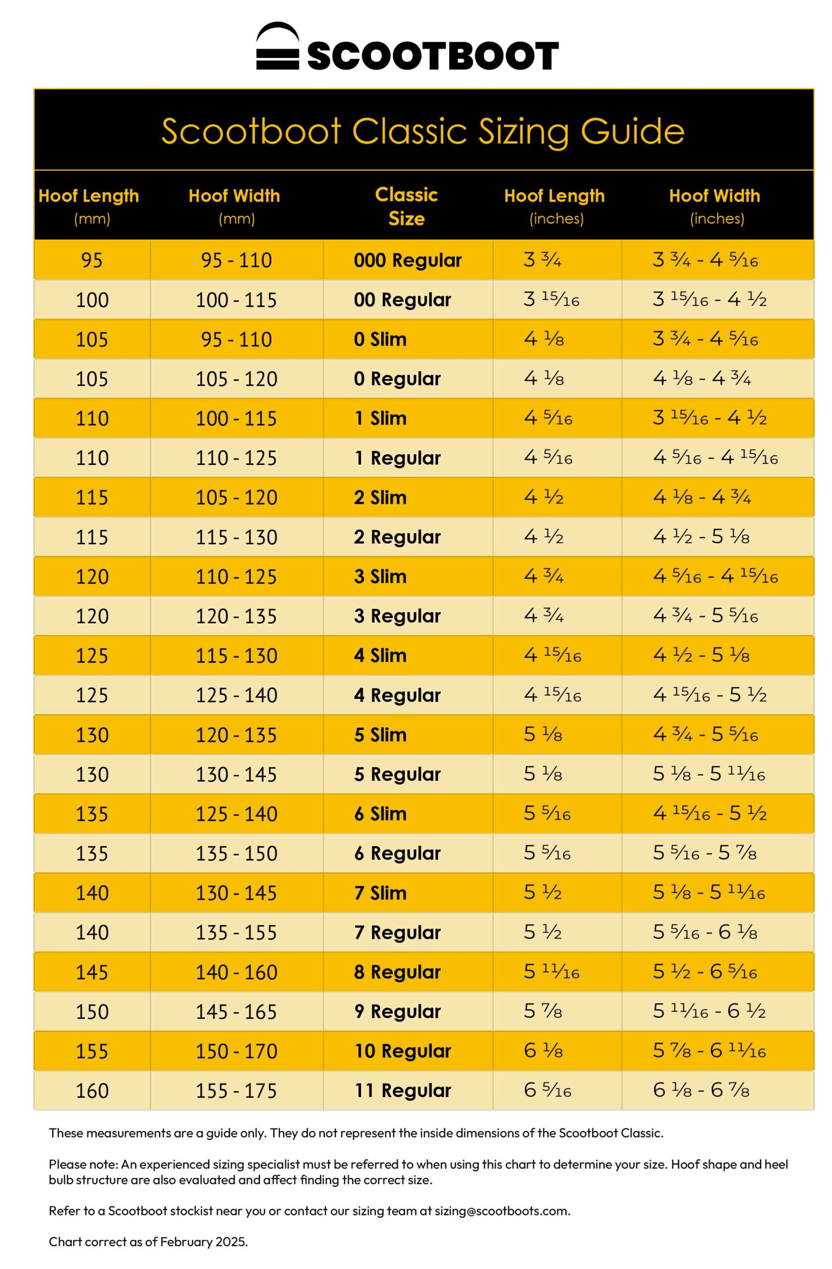 Scoot Boot Classic sizing chart